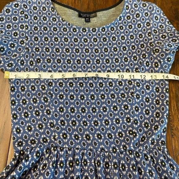 TOPSHOP Fit & Flare Skater Blue Knit Dress with Geometric Tile Print - Picture 11 of 14